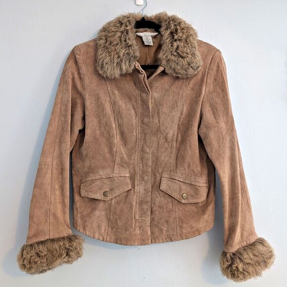 Vintage 90s y2k Uniform Suede Jacket Faux Fur Collar Cuffs Brown Size SP - Picture 1 of 16